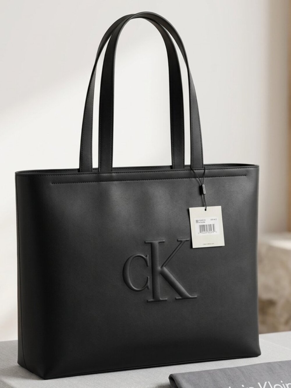 NWT # 4K3070G Calvin Klein Black Leather Tote Bag — Embossed Logo
